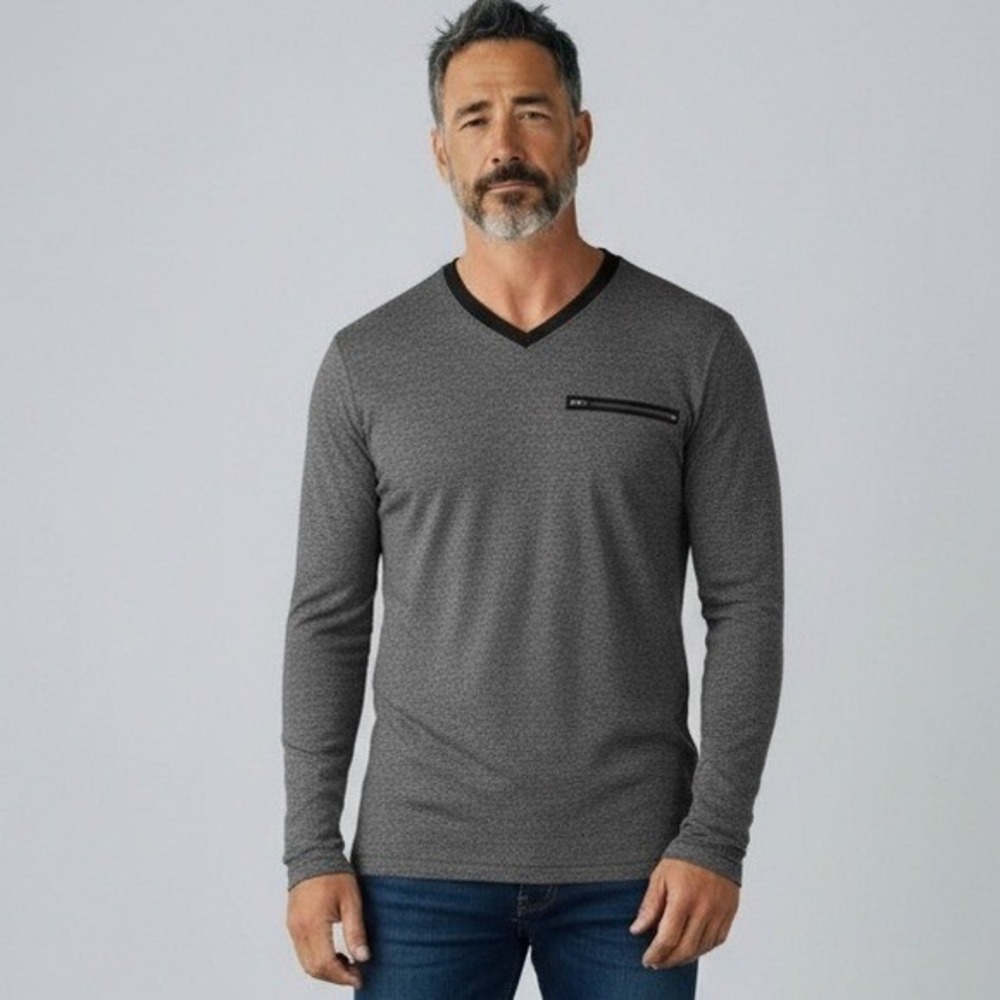 GUESS Mens Long Sleeve‎ V Neck Heathered Gray T-Shirt with Zipper Pocket Size XL